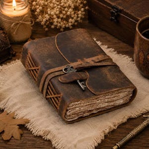 May include: A rectangular journal bound in distressed dark brown leather with visible cross-stitched binding along the spine. A leather strap wraps around the cover, secured by a metal key charm. The pages have rough, deckled edges.