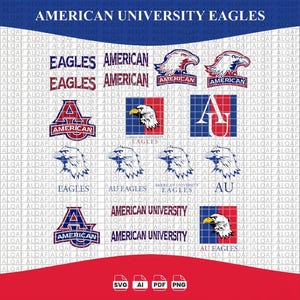 Può includere: Una collezione digitale di loghi e grafiche testuali American University Eagles in rosso, bianco e blu. Il foglio presenta varie illustrazioni di teste d'aquila, le lettere AU e il testo American University Eagles in diversi stili di carattere.
