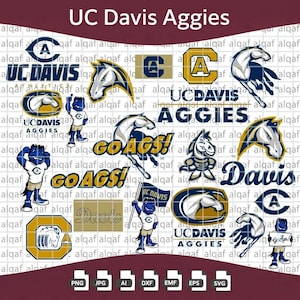May include: A digital collection of UC Davis Aggies graphics featuring various logos, the mascot Gunrock, horse head icons, and text elements including UC Davis, Aggies, and Go Ags! in blue and gold colors, presented on a grid background.