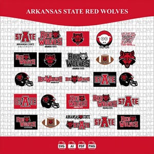 May include: A digital collection of Arkansas State Red Wolves logos and graphics in red, black, and white. The set includes various text-based designs, wolf head icons, football imagery, and helmet illustrations arranged in a grid format.
