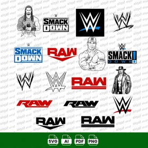 Pode incluir: Uma coleção de designs gráficos em preto e branco com logotipos da WWE, logotipos de texto SmackDown e RAW em vários estilos e ilustrações de lutadores profissionais, incluindo Roman Reigns, John Cena e The Undertaker.