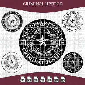 May include: A digital graphic featuring the Texas Department of Criminal Justice seal in black and white. The circular emblem displays a central five-pointed star surrounded by a laurel wreath, with the text Texas Department of Criminal Justice.