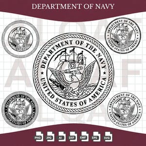 Peut inclure: Un design graphique en noir et blanc représentant le sceau du Department of the Navy. L'emblème circulaire affiche un navire, un aigle et une ancre, entourés du texte Department of the Navy United States of America sur un fond quadrillé.