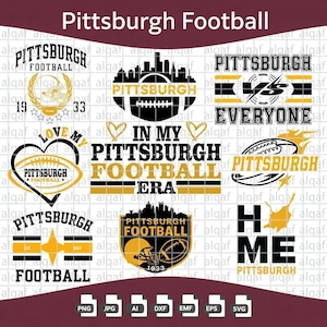 Peut inclure: Une collection numérique de neuf designs graphiques Pittsburgh Football en noir et or, comprenant du texte, des horizons urbains, des ballons de football, des cœurs et des étoiles. Les designs incluent des phrases comme Pittsburgh Football et In My Pittsburgh Football Era.