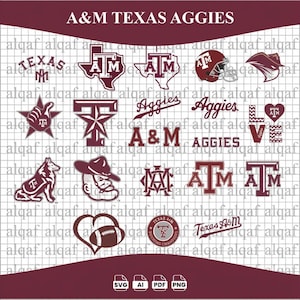 May include: A collection of maroon and white Texas A&M Aggies digital graphics featuring various logos, text, mascots, and sports-themed icons arranged on a grid background. The set includes SVG, AI, PDF, and PNG file format icons at the bottom.