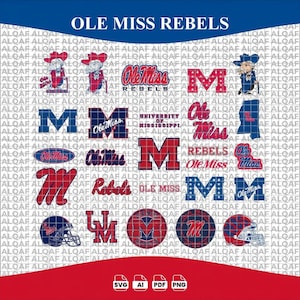 May include: A digital collection of Ole Miss Rebels graphics featuring various logos, the letter M in different styles, football helmets, and text elements including University of Mississippi, all displayed against a repeating ALQAF watermark grid.