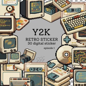 以下が含まれることがあります： Y2Kレトロテクノロジーをテーマにしたピクセルアートステッカーのコレクション。ベージュのコンピューターモニター、キーボード、フロッピーディスク、カセットテープ、ゲームコントローラーが描かれています。中央のテキストには「Y2K RETRO STICKER 30 digital sticker episode 1」と書かれています。