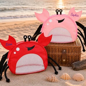 Personalized Embroidered Crab Starfish Shell Mesh Beach Bag, Custom Name Adjustable Strap Collecting Pouch Travel Essential Gift for Kids