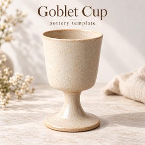 May include: A beige speckled ceramic goblet cup with a wide bowl and a sturdy pedestal base. The text "Goblet Cup pottery template" is printed in dark brown above the cup. The surface of the cup has a textured, matte finish with small brown flecks.