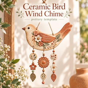May include: A ceramic bird wind chime pottery template featuring a cream-coloured bird with brown wings, floral accents, and three hanging strands of ceramic beads, flowers, and leaves. The text reads Ceramic Bird Wind Chime pottery template.
