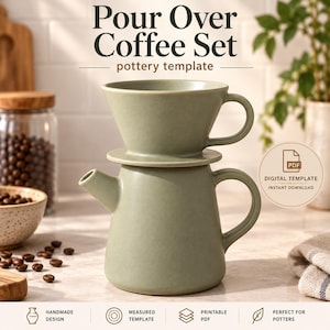 May include: A sage green ceramic pour over coffee set consisting of a conical dripper resting on a matching carafe with a handle and spout. The text "Pour Over Coffee Set pottery template" and "DIGITAL TEMPLATE INSTANT DOWNLOAD" appear on the image.