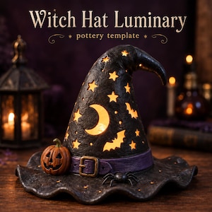 May include: A black witch hat luminary pottery template with cutouts of stars, a crescent moon, and bats. The hat features a purple band with a gold buckle, a small orange jack-o'-lantern, and a black spider on the wide, wavy brim.