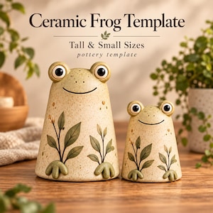 May include: Two ceramic frog figures in tall and small sizes with a speckled beige finish, large eyes, and green leaf illustrations. The text reads Ceramic Frog Template, Tall & Small Sizes, pottery template. The figures have green feet.