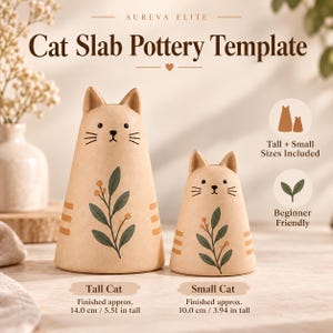 May include: Aureva Elite Cat Slab Pottery Template featuring two beige cat-shaped figures with pointed ears, whiskers, and a green leaf and orange berry design. The tall cat is 14.0 cm and the small cat is 10.0 cm tall. Text includes Tall + Small Sizes Included and Beginner Friendly.