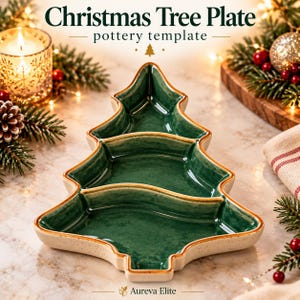 May include: A Christmas tree-shaped ceramic plate with three distinct sections. The interior features a glossy dark green glaze, while the exterior edges are a speckled cream color with a brown rim. The text "Christmas Tree Plate pottery template" and "Aureva Elite" are visible.