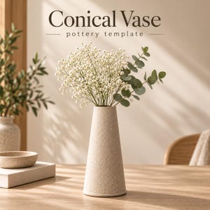 Op de afbeelding: Een beige gespikkelde conische vaas met witte gipskruidbloemen en groene eucalyptusstengels. De tekst Conical Vase pottery template staat boven de vaas. Het object heeft een gladde, taps toelopende vorm met een platte onderkant.