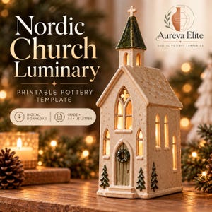 Peut inclure: Une lanterne d'église en céramique avec une finition crème mouchetée, un toit vert avec une croix, des fenêtres en arc et une porte ornée d'une couronne. Le texte indique Nordic Church Luminary, Printable Pottery Template, Digital Download, Guide + A4 + US Letter.