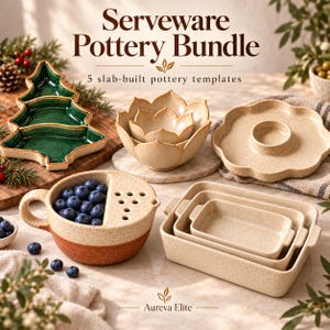 Puede incluir: Un conjunto de cerámica Serveware Pottery Bundle con cinco plantillas de alfarería hechas a mano. El set incluye un plato verde con forma de árbol de Navidad, un cuenco con forma de loto, un plato redondo con centro hundido, un colador de bayas con arándanos y tres fuentes rectangulares apilables.
