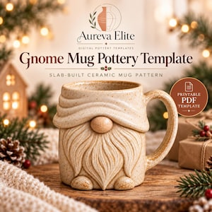 May include: A beige speckled ceramic mug featuring a sculpted gnome design with a prominent nose, a textured beard, and a folded hat brim. The text reads Aureva Elite Digital Pottery Templates Gnome Mug Pottery Template Slab-Built Ceramic Mug Pattern.