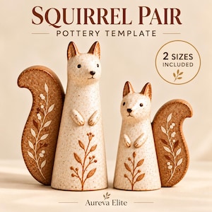 Può includere: Un modello per ceramica intitolato SQUIRREL PAIR che raffigura due statuette di scoiattolo di dimensioni diverse. Gli scoiattoli hanno corpi color bianco sporco maculato e code marroni decorate con motivi di foglie e bacche. Testo: 2 SIZES INCLUDED.