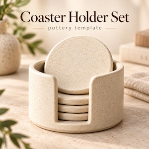 May include: A ceramic coaster holder set featuring a cylindrical container with a U-shaped cutout and four circular coasters. The pieces are a speckled cream color with a textured finish. The text "Coaster Holder Set pottery template" is visible.
