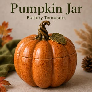 May include: A ceramic pumpkin jar with a speckled orange glaze, featuring a dark green sculpted stem and a single green leaf on top. The text "Pumpkin Jar Pottery Template" is printed in dark green letters above the object.
