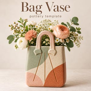 May include: A ceramic bag vase with a speckled finish, featuring a handle and abstract color-blocked sections in sage green, terracotta, and cream. The text Bag Vase pottery template is displayed above a bouquet of white, peach, and pink flowers.