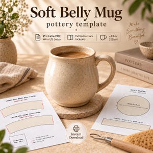 May include: A beige speckled ceramic mug with a rounded belly shape and a handle. The image includes printed pottery template sheets labelled Lower Wall Band, Base, and Handle, with text indicating a 355 ml capacity and printable PDF format.