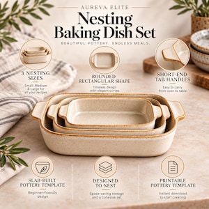 May include: Aureva Elite Nesting Baking Dish Set featuring three rectangular, cream-coloured ceramic dishes with speckled textures and brown-rimmed edges. Each dish includes short-end tab handles and a rounded shape, designed to nest together.
