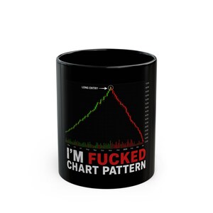 May include: A black ceramic mug featuring a financial candlestick chart graphic that peaks at a point labeled LONG ENTRY. Below the chart, the text reads I'M FUCKED CHART PATTERN in white and red capital letters against the dark background.