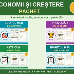 Op de afbeelding: Een digitale, printbare financiële planningsbundel met vier sets getiteld ECONOMII ȘI CREȘTERE PACHET. De lay-out bevat secties voor spaardoelen, uitdagingen, vermogensgroei en jaarlijkse budgetplanning met iconen, grafieken en Roemeense tekst.