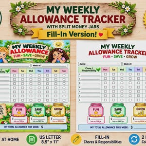 Weekly Allowance Tracker, Fill-In Chart with Money Jars, 2 Blank Designs for Kids