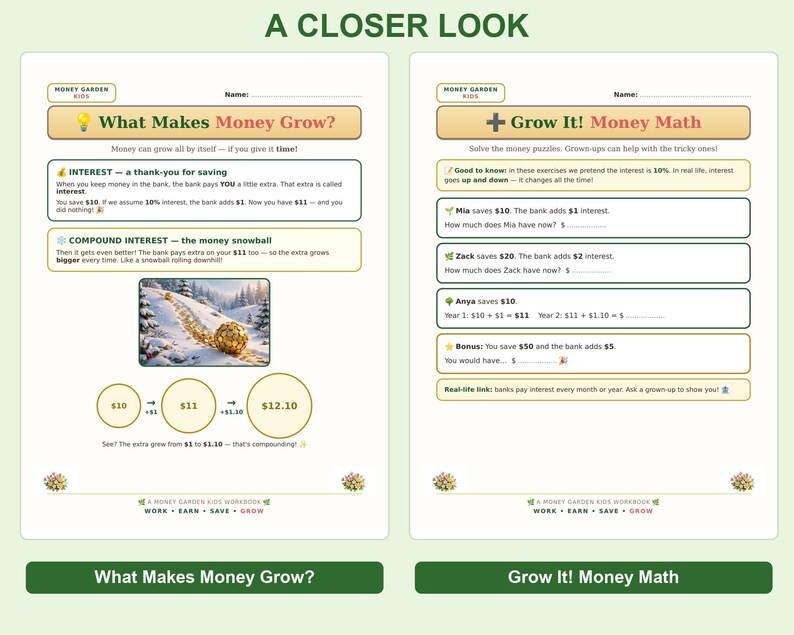 Compound Interest for Kids Printable, How Money Grows Worksheets, 6 ...