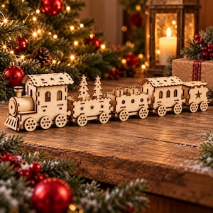 Può includere: Un trenino giocattolo in legno chiaro composto da una locomotiva, tre vagoni merci e un vagone di coda. I vagoni sono decorati con stelle ritagliate, due piccole sagome di alberi sempreverdi e forme di piccoli pacchetti regalo.