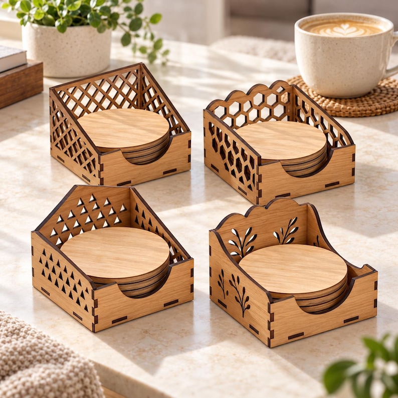 Leaf Design Dxf File Coaster Holder SVG DXF EPS 128 Laser Cut Coaster Storage Designs Wooden ...