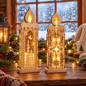 Christmas Candle Lantern SVG DXF, Light Up Wooden Winter Lamp, Snowflake Laser Cut Duo Set