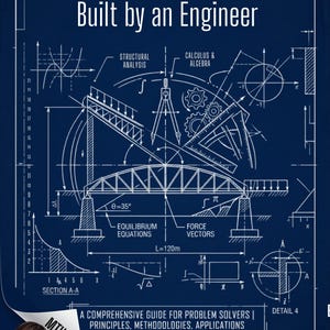 May include: A blue engineering blueprint titled THE MATH BLUEPRINT Built by an Engineer, featuring technical diagrams of a bridge, structural analysis, calculus, and algebra. It includes the text A COMPREHENSIVE GUIDE FOR PROBLEM SOLVERS, ADEL MESSIHA, and Polynomials.