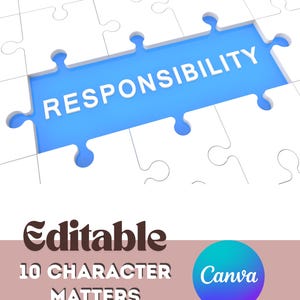 Può includere: Un'immagine digitale che mostra un puzzle bianco con un pezzo mancante che rivela uno sfondo blu brillante con la parola RESPONSIBILITY in bianco. Sotto, il testo recita Editable 10 CHARACTER MATTERS BANNERS FOR GOOGLE CLASSROOM e un logo Canva.