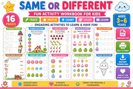 Kids Printable Activity Book, Preschool Learning Worksheets, Alphabet Tracing, Number Activities, Homeschool PDF