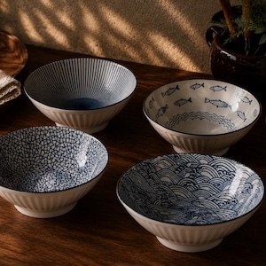 Japanese Ceramic Ramen Bowl, Large Stoneware Noodle Bowl, Blue Wave Pattern Dinnerware