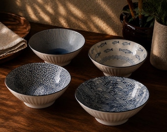 Japanese Ceramic Ramen Bowl, Large Stoneware Noodle Bowl, Blue Wave Pattern Dinnerware