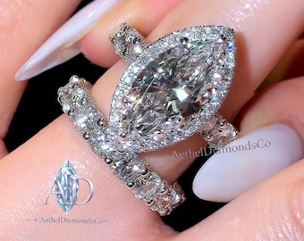 3 CT Marquise Cut Halo Engagement Ring with Thick Double Eternity Band, Custom Moissanite Ring, Crushed Ice Bridal Set, Statement Jewelry.