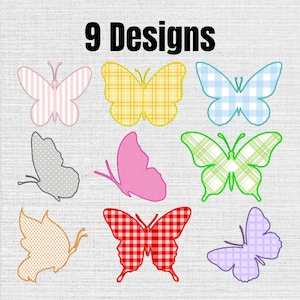 May include: A digital collection of 9 Designs featuring butterfly illustrations. The set includes butterflies with pink stripes, yellow plaid, blue gingham, gray polka dots, solid pink, green plaid, orange crosshatch, red gingham, and purple plaid patterns.
