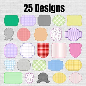 May include: A collection of 25 labels in various shapes and patterns, including solid colors, gingham, plaid, stripes, and floral prints. The text 25 Designs is displayed at the top. Each label features a distinct outline and decorative border.