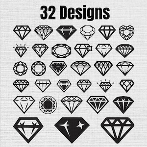 May include: A collection of 32 black diamond icons arranged in a grid on a light gray background. The graphic set features various diamond shapes, including round, heart, and classic cuts, each rendered in a bold, solid black line style.