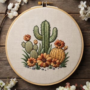 Op de afbeelding: Een ronde houten borduurring met een stoffen paneel voorzien van een gedetailleerd borduurontwerp van een hoge groene saguarocactus, een schijfcactus en een ronde gouden cactus, omringd door levendige oranje en bruine bloemen.