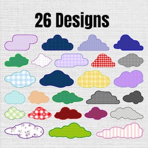 May include: A collection of 26 cloud-shaped designs featuring various patterns and solid colors, including plaid, gingham, polka dot, floral, and striped textures in shades of blue, green, red, yellow, purple, gray, and peach on a white background.