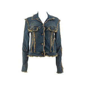 Giacca di jeans vintage Plein Sud effetto invecchiato, sfrangiata, stile anni 2000, firmata francese.