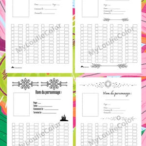 Peut inclure: Un ensemble de quatre feuilles imprimables au format A4 pour le suivi des codes couleurs, comprenant des espaces pour le nom du personnage, le tome, la page, les dates, et une grille de quarante-huit cases vides pour les échantillons.