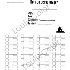 K&ouml;nnte beinhalten: Ein schwarz-wei&szlig;es, druckbares Charakter-Tracking-Blatt mit einer dekorativen Kopfzeile, einem rechteckigen Feld f&uuml;r ein Bild und Textfeldern f&uuml;r Nom du personnage, Page, Tome, Commenc&eacute; le und Termin&eacute; le. Darunter befinden sich Spalten mit leeren K&auml;stchen.